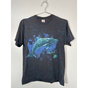 Jerzees Vintage Dolphin Graphic T-Shirt Black Blue Acid Wash Made in USA Large
